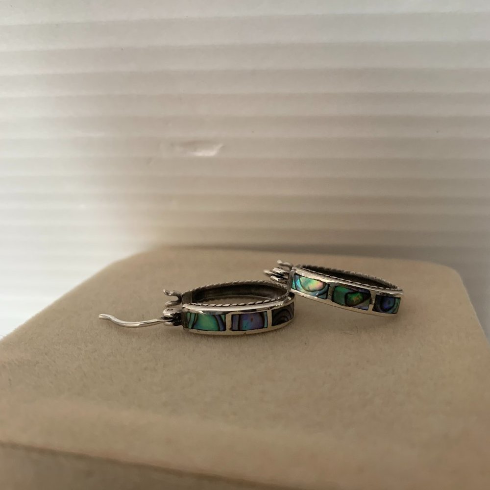 NEW Silver & Inlaid Abalone Shell Hoop Earrings - Picture 7 of 7